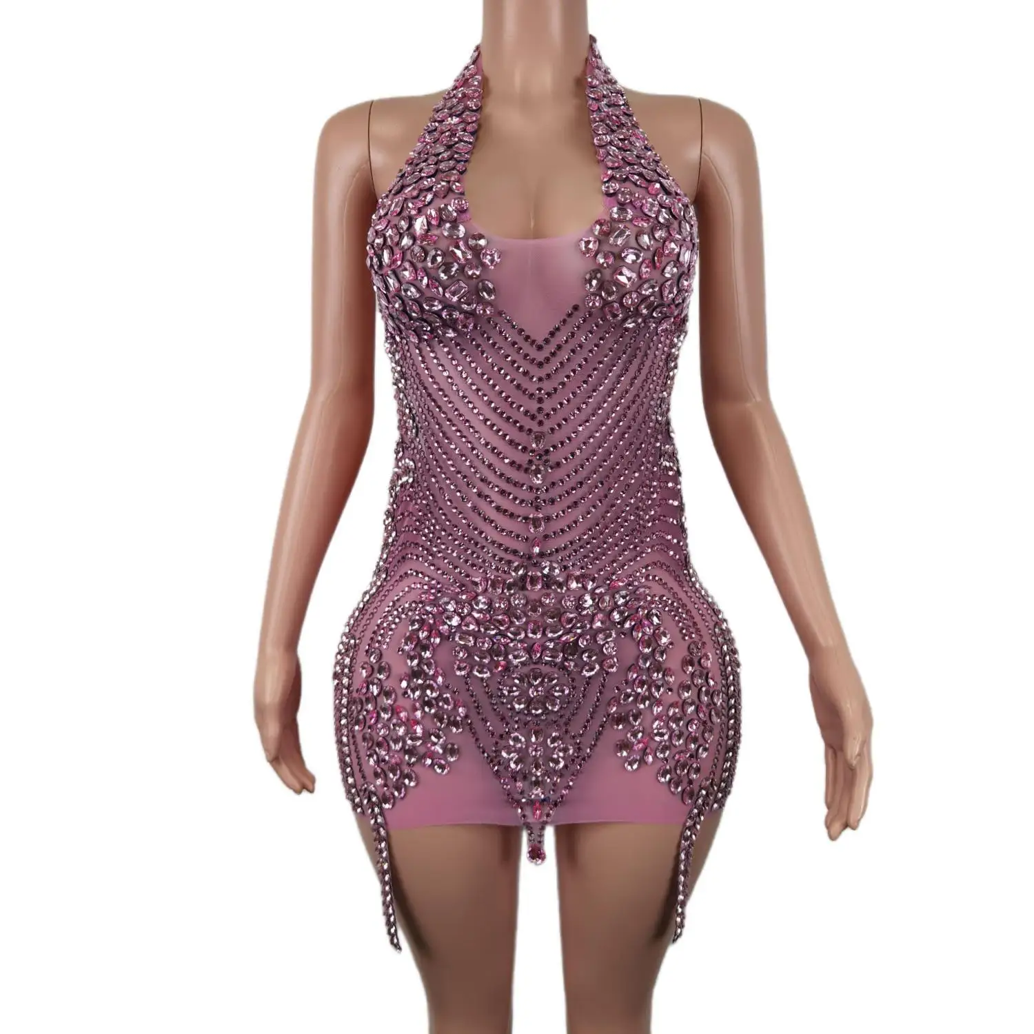 Sparkly Rhinestones Sexy Party Dress Celebrate Sexy Birthday Party Mesh Short Dress Singer Stage Performance Costume Sexy Dance