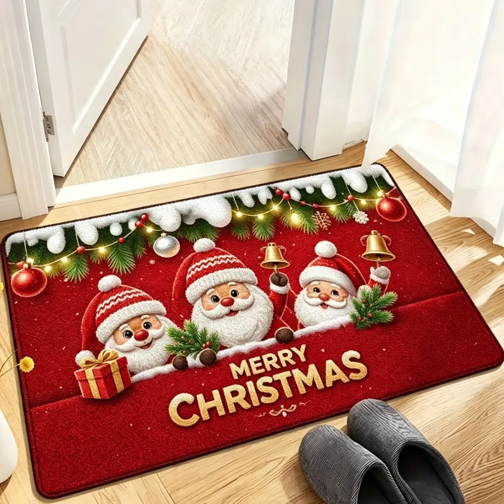 Three Santa Claus Christmas Mat Red Background Bell Garland Snowflake Print Non Slip Indoor Entrance Rug For Festive Home Decor