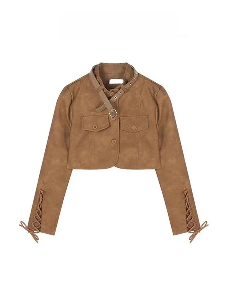 

ort Brown PU Leather Jaet for Women Retro Sle Motorcycle Design Spicy Girl Early Autumn New Small ence Design Sense