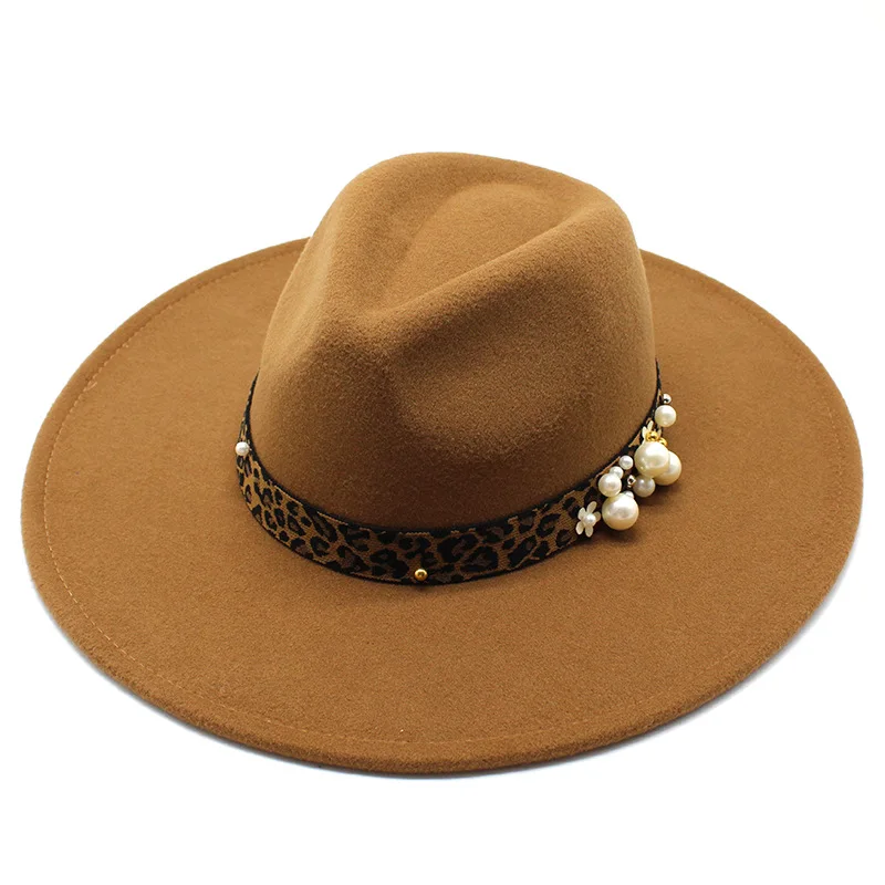 New Arrival Autumn And Winter  9 5cm Big Brim Jazz Top Hat  Peach Top Leopard Grain Ribbon Top Hat Felt Cap