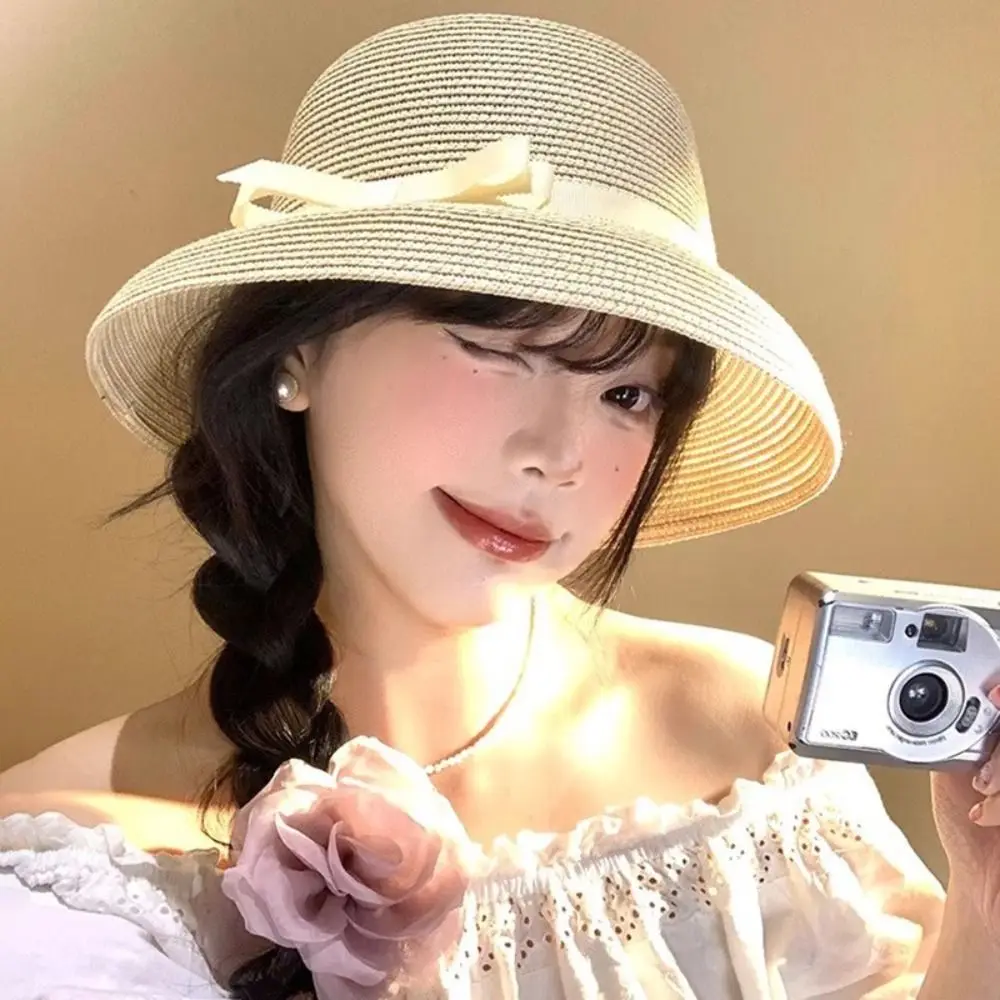 العصرية الفرنسية القوس قبعة من القش عطلة الشاطئ دلو قبعة الشمس هيبورن كبيرة الحواف قناع حوض قبعة السفر
