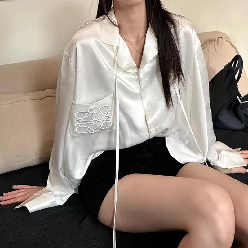 Jinqian satin imitation acetic acid streamer embroidered shirt loose and thin lazy  Fit Slimming Lazy Feeling long-sleeved top