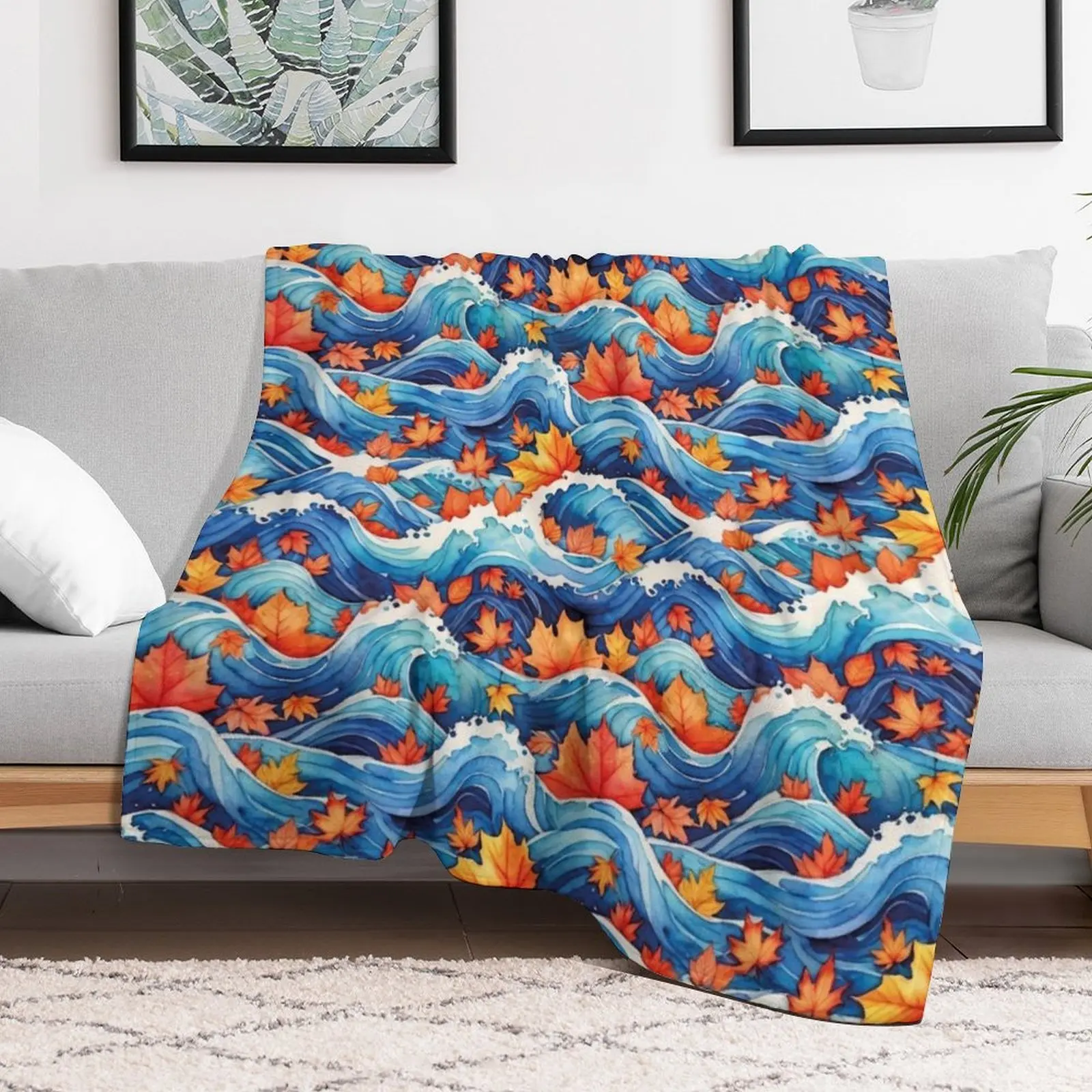 Leaves dance in the waves Throw Blanket Warm Plush Fuzzy Blanket for Living Room