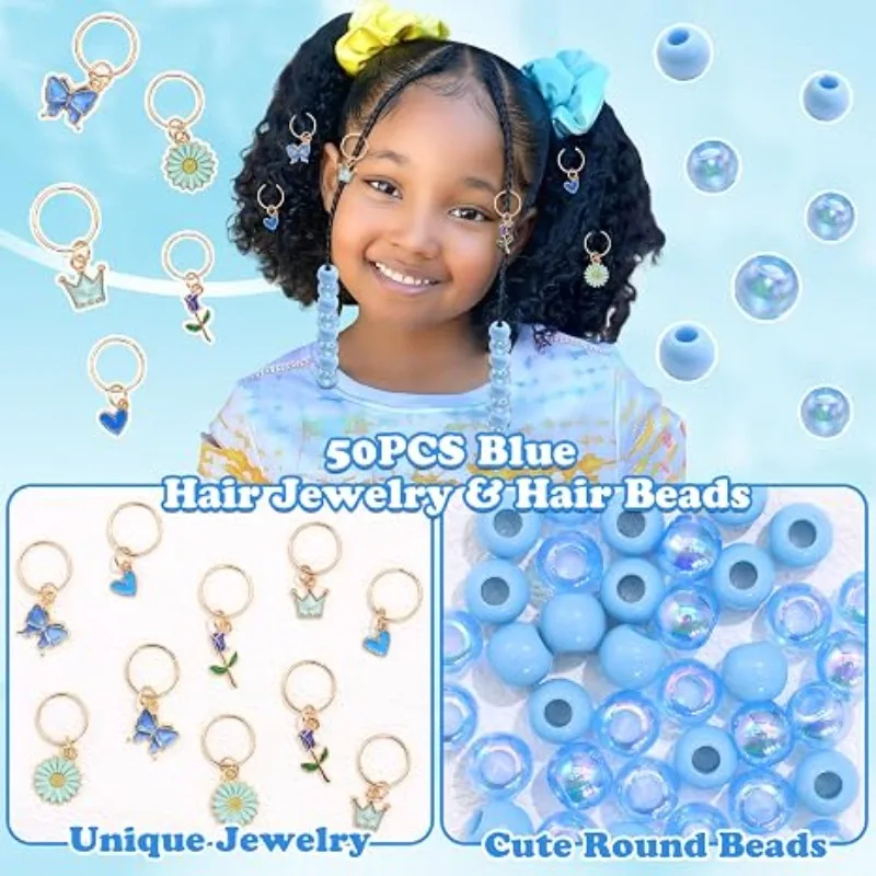 50Pcs Hair Beads and Metal Clips Set for Braids, Pony Beads with Openable Charms for Dreadlocks,Diy Kids Girls Hair Accessories