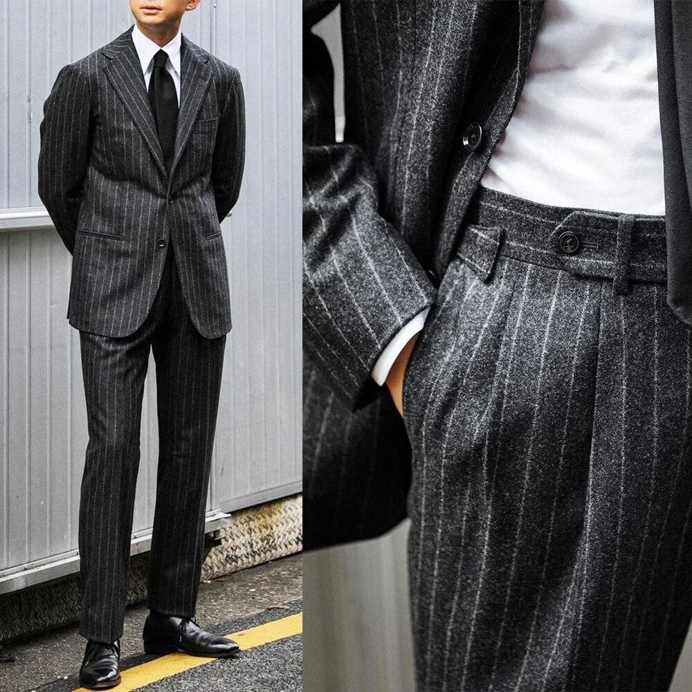 Classic Charcoal Grey Pinstripe Suit Set with High-Waisted Pleated Trousers Jacket Men Business Wear Customized  M263381