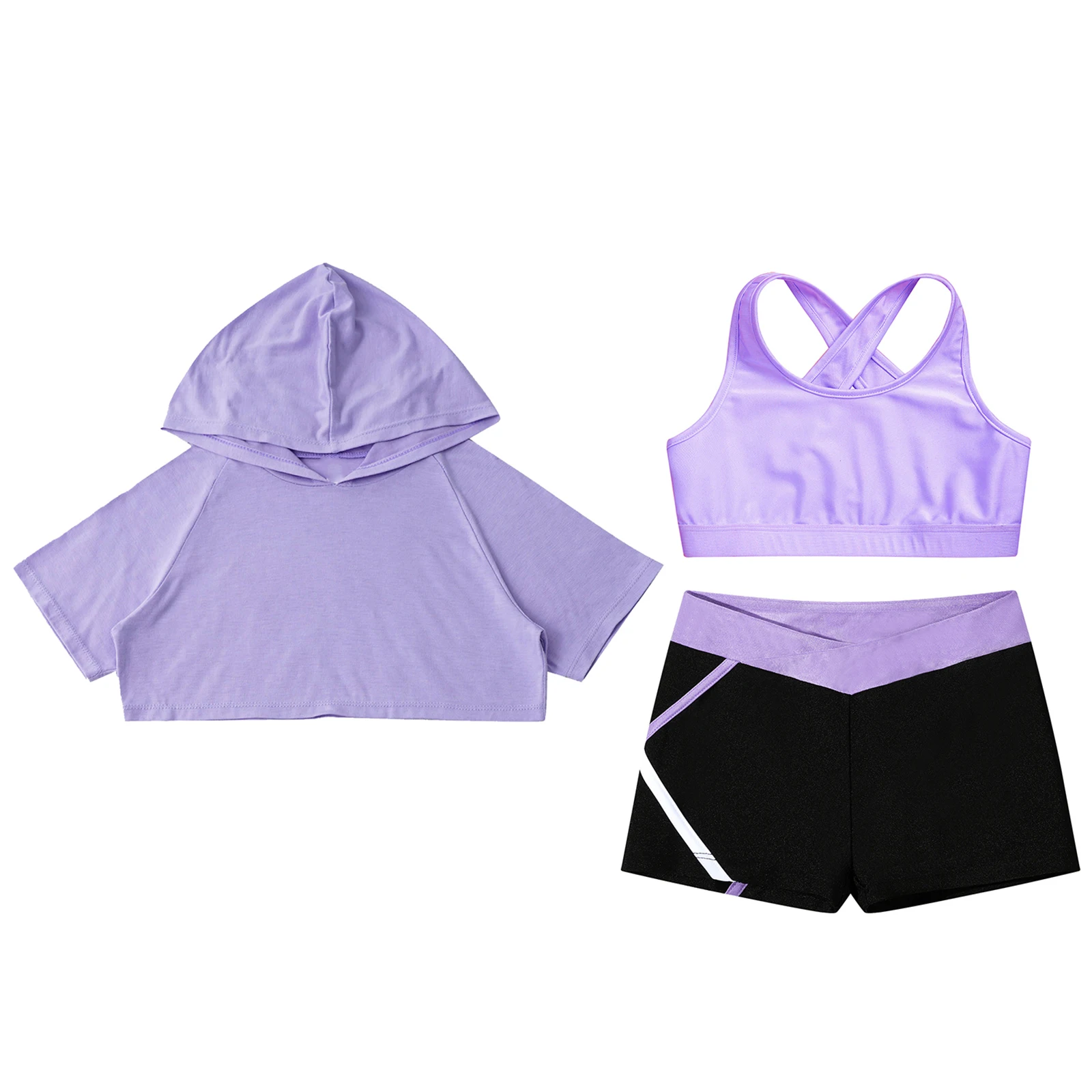 Kids Girls Ballet Dance Sets Sports Gymnastics Outfits Sleeveless Keyhole Back Vest Hooded Crop Top with Shorts Fitness Suits