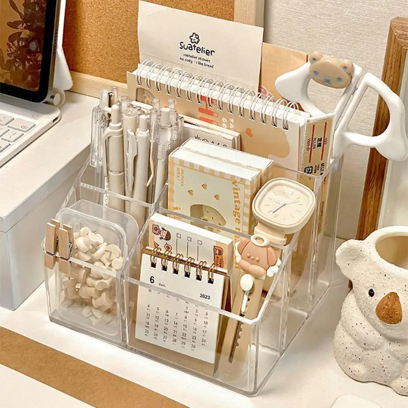 5 Grids Multifunction Pen Holder Transparent Stationery Organizer Plastic Desktop Storage Box For Student Cosmetic Organizer