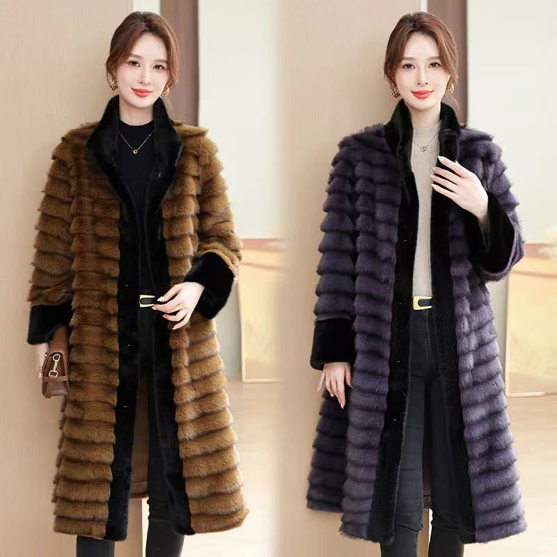 

Faionable Thiened Long Gold Mink Fur Coat Warm Sli Outerwear Inteated Leather And Fur Dragon Coat for Women