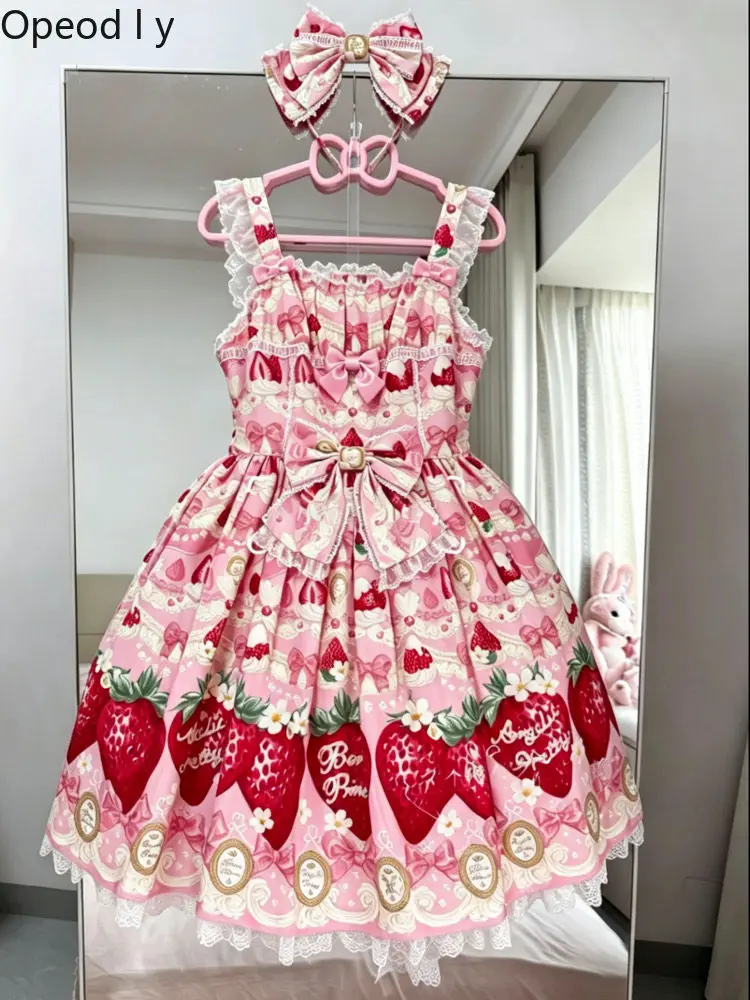 

2026 Summer New Sweet Strawberry Handle Sweet Print Lolita JSK Dress Daily Lo Lace Bow Dress Suspender Dresses Girls Women