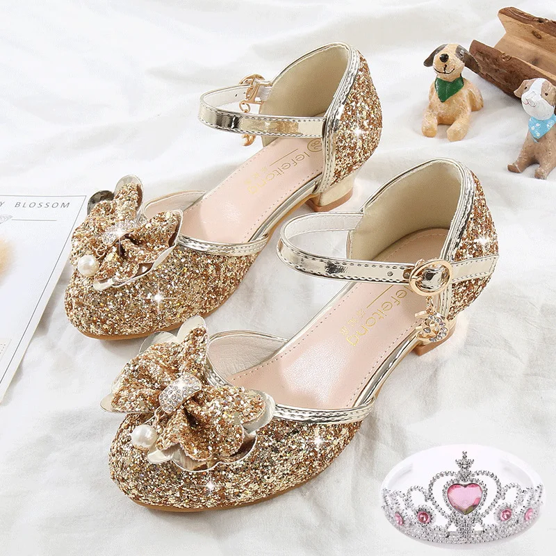 Classic Bow Princess Shoes for Girls Kids Casual Golden Pink Blue Glitter Pageant Party Dance Shoes Child Evening Heels Shoes