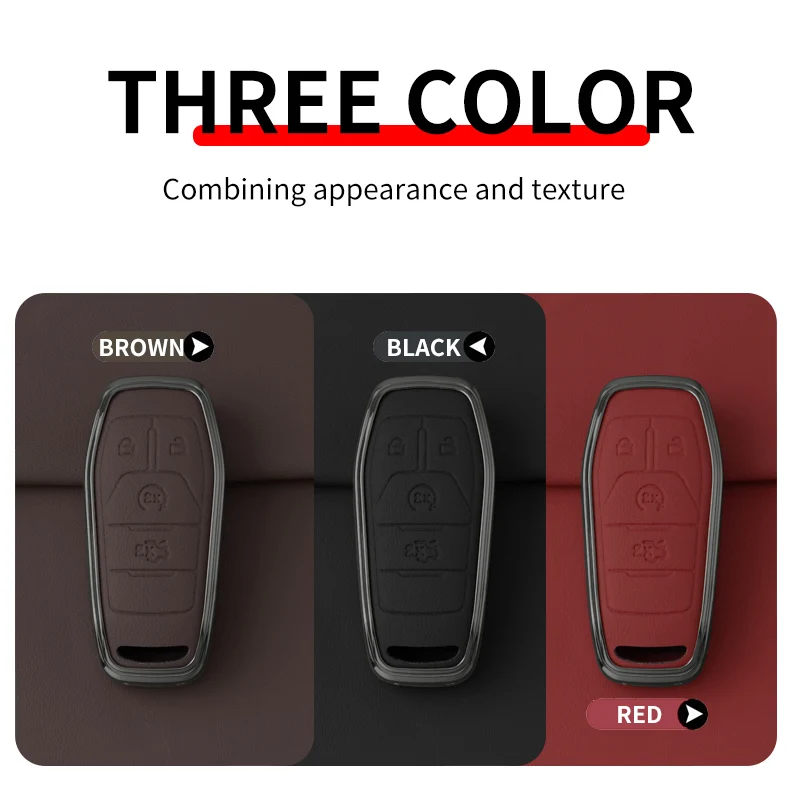 Metal Leather Car Key Case Cover For  Ford Fusion Mondeo Mustang F-150 Explorer Edge 2015 2016 2017 2018 Keychain Accessories