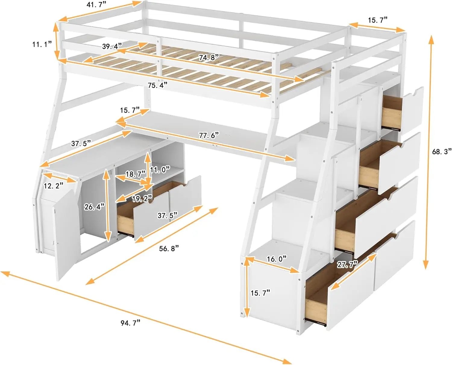 Twin Loft Bed With Stairs And Desk, Solid Wood Loft Bed Frame With Storage 7 Drawers 2 Shelves, For Kids Teens Adults (White)