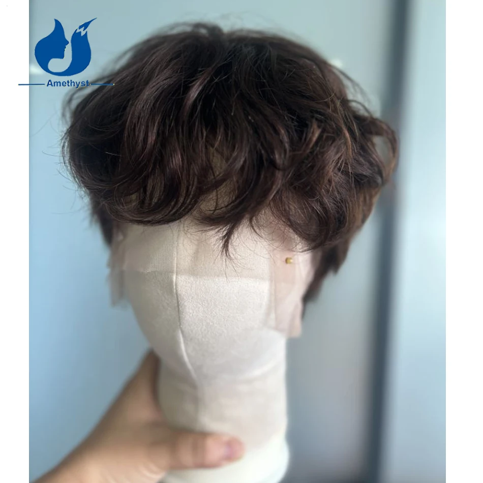 Amethyst Brown Color #3 Wavy Human Hair Bang Wig for Men with Sideburns Short Pixie Cut Brazilian Remy Hair Pre Styled Full Lace