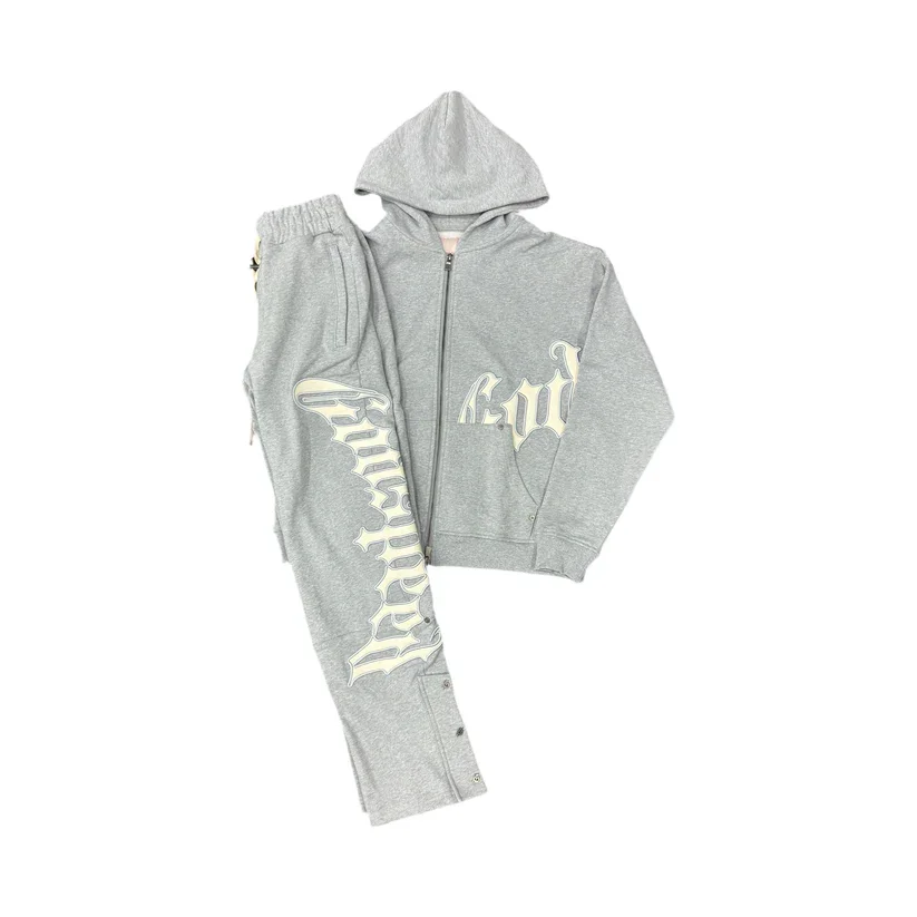 ชุดเซ็ตเสื้อฮู้ดดี้พิมพ์ลายตัวอักษรแบบซิปสไตล์อเมริกันเรโทรสตรีทสำหรับผู้ชายและผู้หญิง พร้อมกางเกงวอร์มขายาว ชุดสองชิ้นสไตล์ Y2K