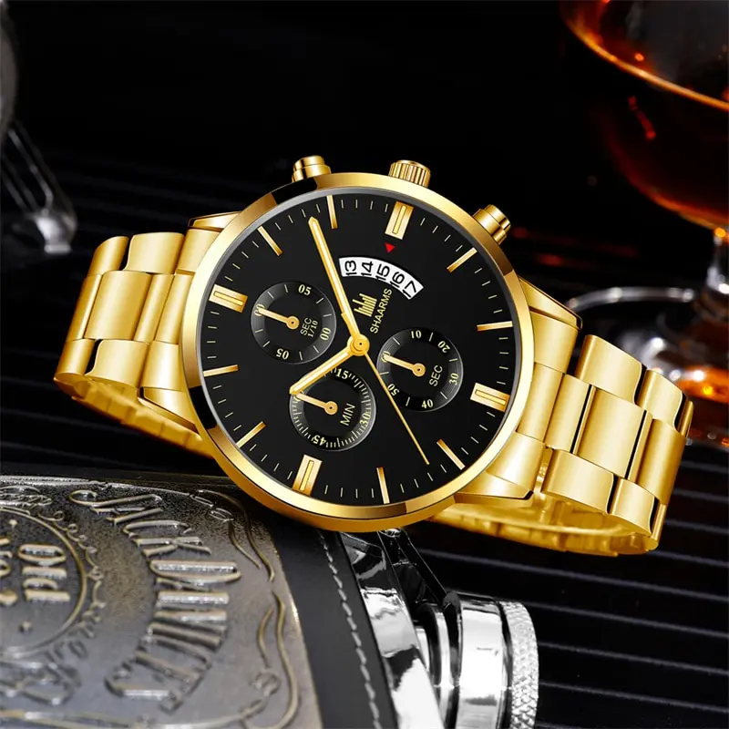 Mens Fashion Business Quartz Watch Fashion Fake Three Eye Six Pin Calendar Men Watch Stainless Steel Belt Mens Watches