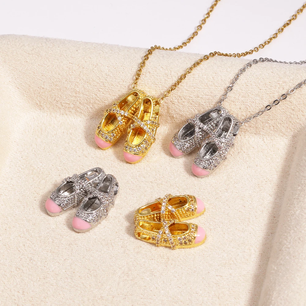 Stainless Steel 18K Gold-Plated Sweet Romantic Ballet Shoe Pendant Necklace Exquisite Brass Chain Jewellery Women's Party Gift