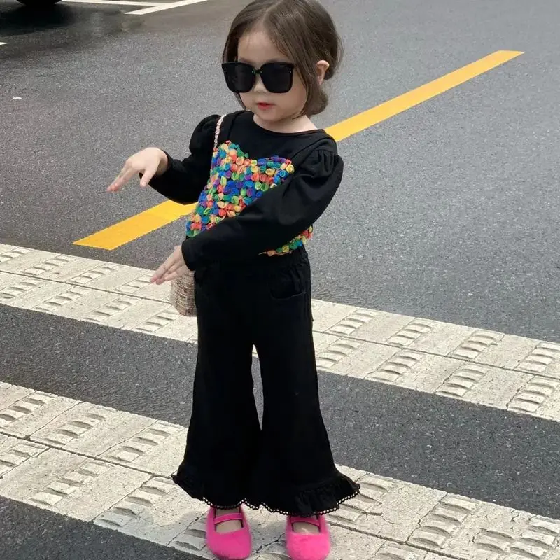 Girl Two Piece Set Autumn New 2024 Lovely Forest  Spliced Tops Black Bell-bottoms Casual Simple Fashion Sweet Korean Vintage