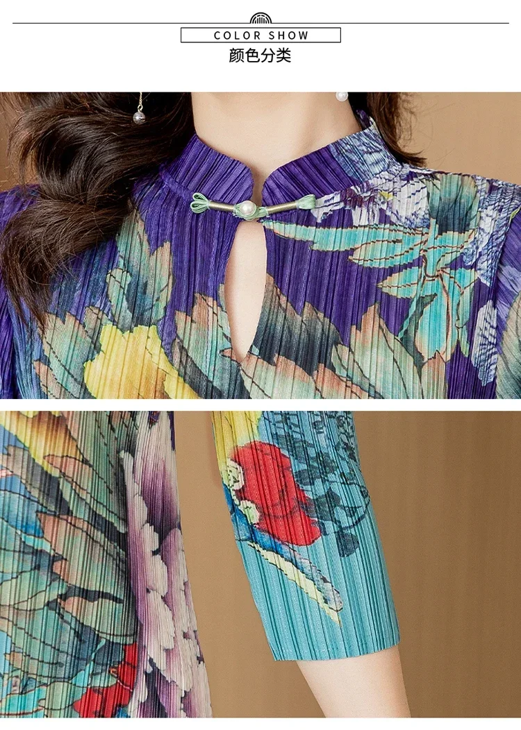 Sanzhai magisches Kleid Blume gedruckt chinesischen langen Rock stehenden Hals Kurzarm gefaltete Verbesserung knielangen Qipao Kleid