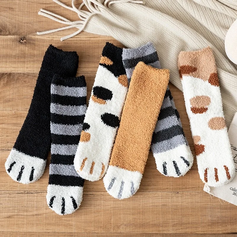 Autumn Winter Coral Velvet Socks Cute Cat Claw Socks For Women Children Girls Middle Tube Thickened Sleep Home Floor Socks