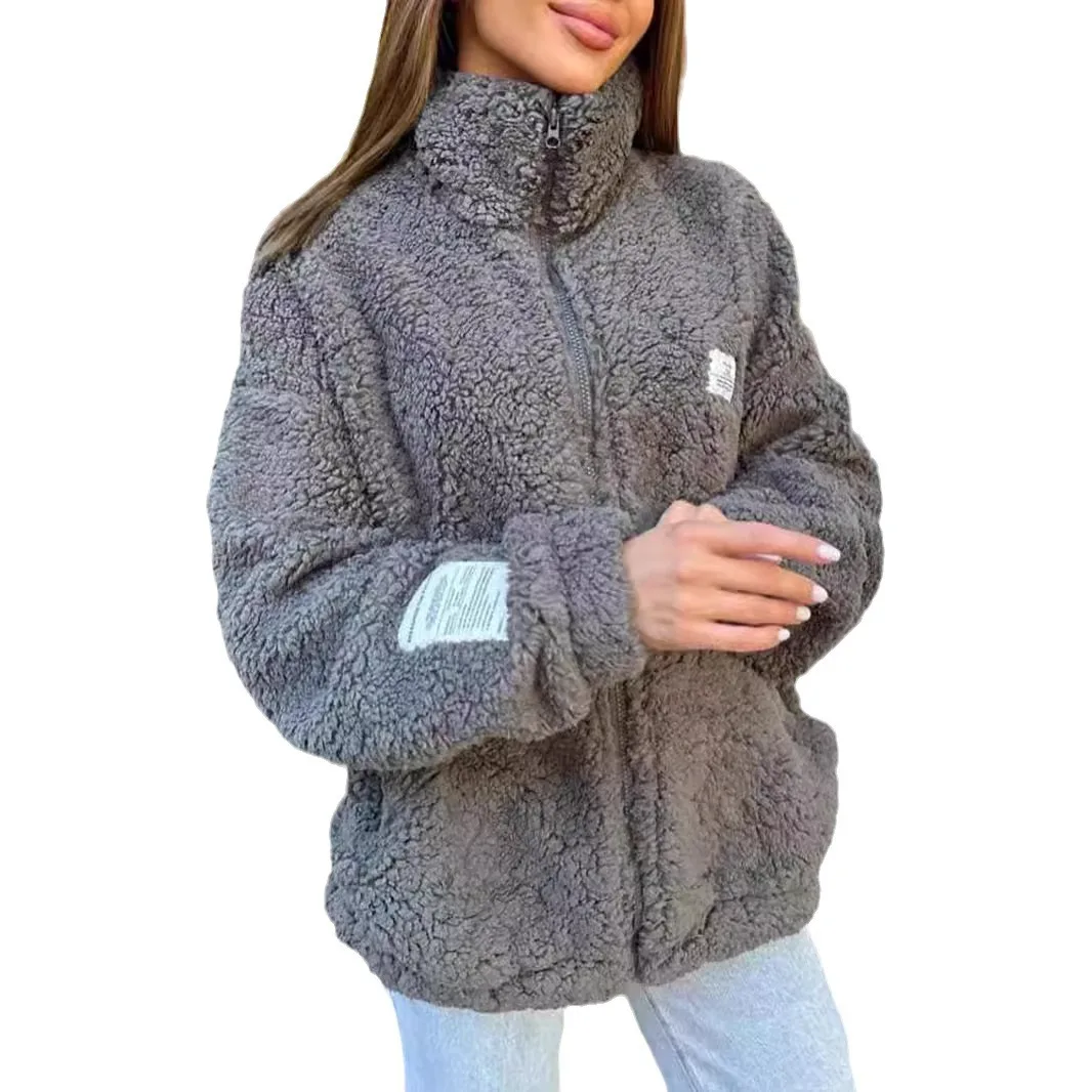 

2025 New Fashion Zipper Lapel Sweater Jacket Women Winter Solid Color Casual Pocket Jacket For Women Home Cardigan Women