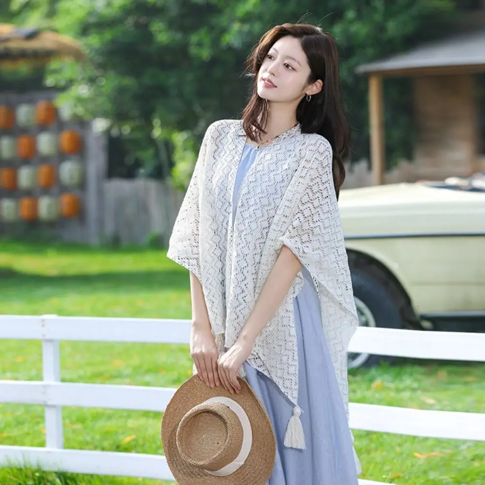 أزياء أنيقة العرقية نمط شرابة شال ملون رقيقة واقية من الشمس الكروشيه سترة جوفاء الرجعية وشاح الشاطئ في الهواء الطلق #4