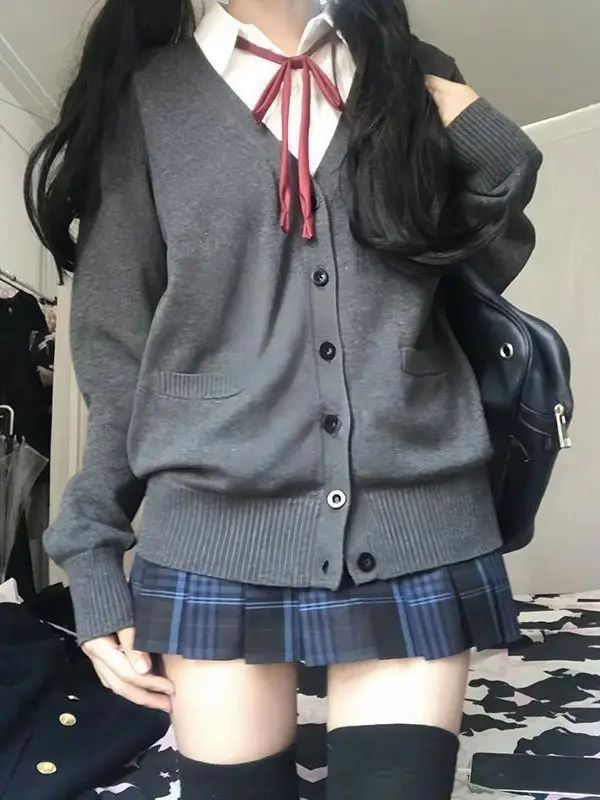 سترة طويلة محبوكة متعددة الاستخدامات فضفاضة من Sve V-Ne سترة نسائية يابانية Sle JK للخريف والشتاء وصل حديثًا للكلية Sle