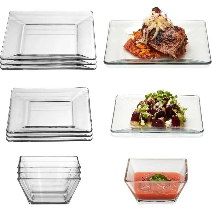 

Tempo 12Piece Glass Dinnerware Set Service for 4 Perfect for Modern Dining Rooms Elegant Table Settings Everyday Use Microwave