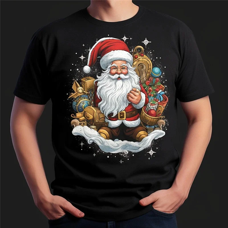 Santa Claus Print T Shirt For Men New Year Party Christmas Clothing Leisure ​O-neck Short Sleeve Tops Fashion Oversized T-Shirts