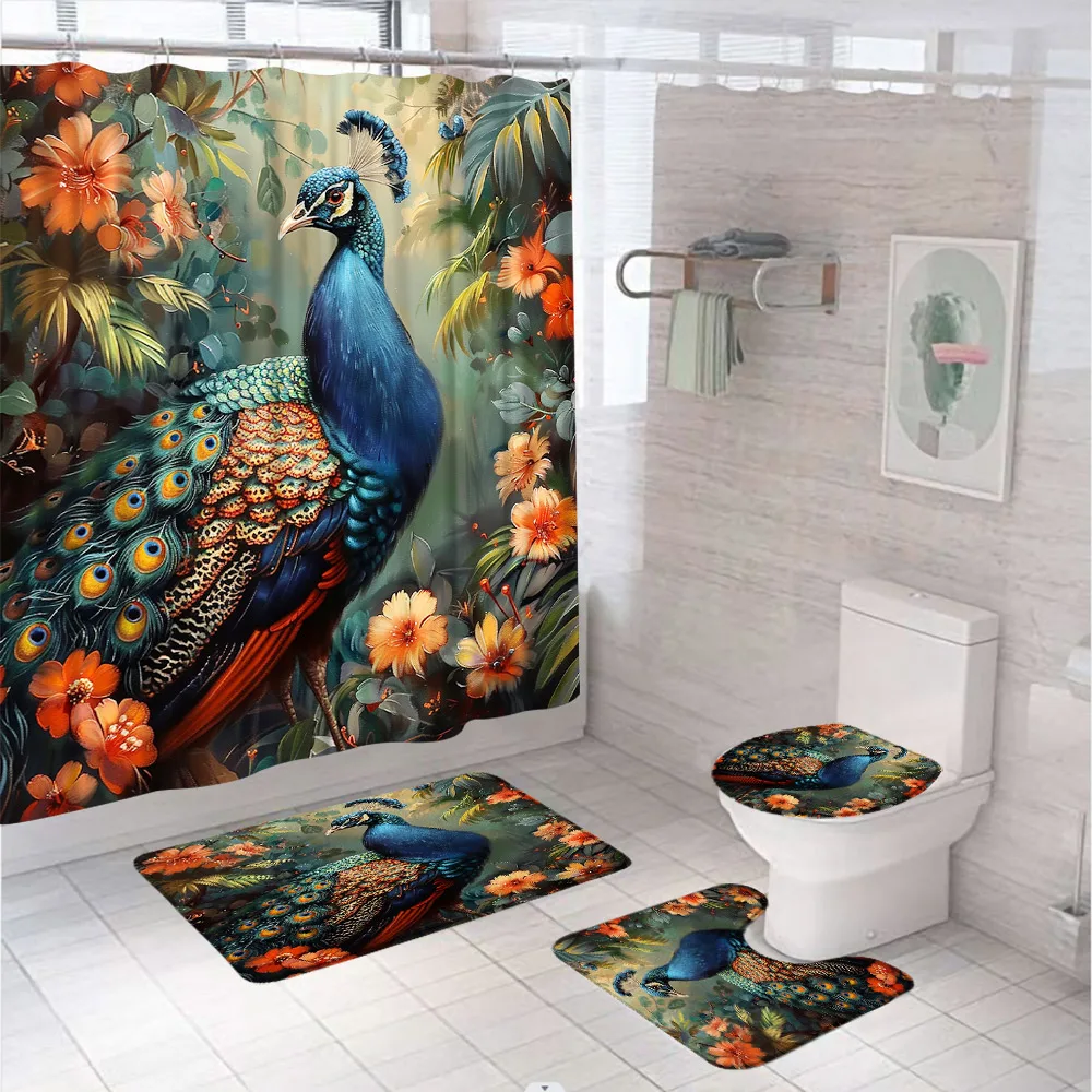 Peacock Bathroom Set with Shower Curtain Rugs Accessories Blue Feather Bird Flower Plant Non-Slip Rugs Toilet Lid Cover Bath Mat