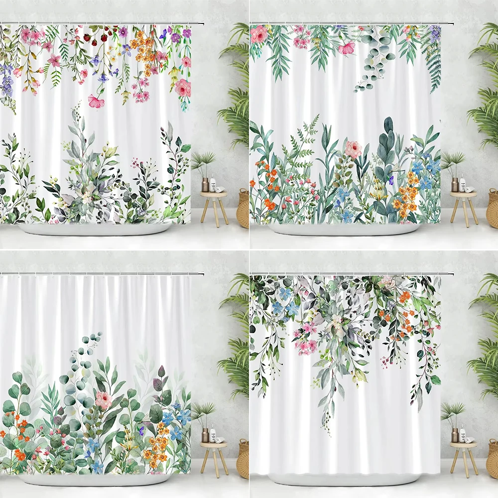 Beautiful Spring Greenery Floral Shower Curtain Eucalyptus Leaves Tropical Leaves Polyester Washable Buth Curtain Bathroom Decor