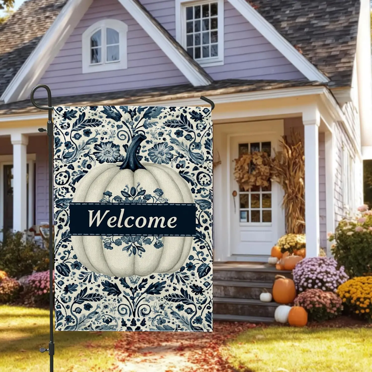 Autumn Pumpkin Floral Garden Flag, Navy Blue White Welcome Home Decor Banner, Double Sided Burlap Yard Flag Outdoor Lawn Dec yyi