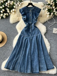 Women Elegant Vintage Casual High Waist Slim A-line Denim Dress Summer New Round Neck Long Sleeve Solid Button Party Robe