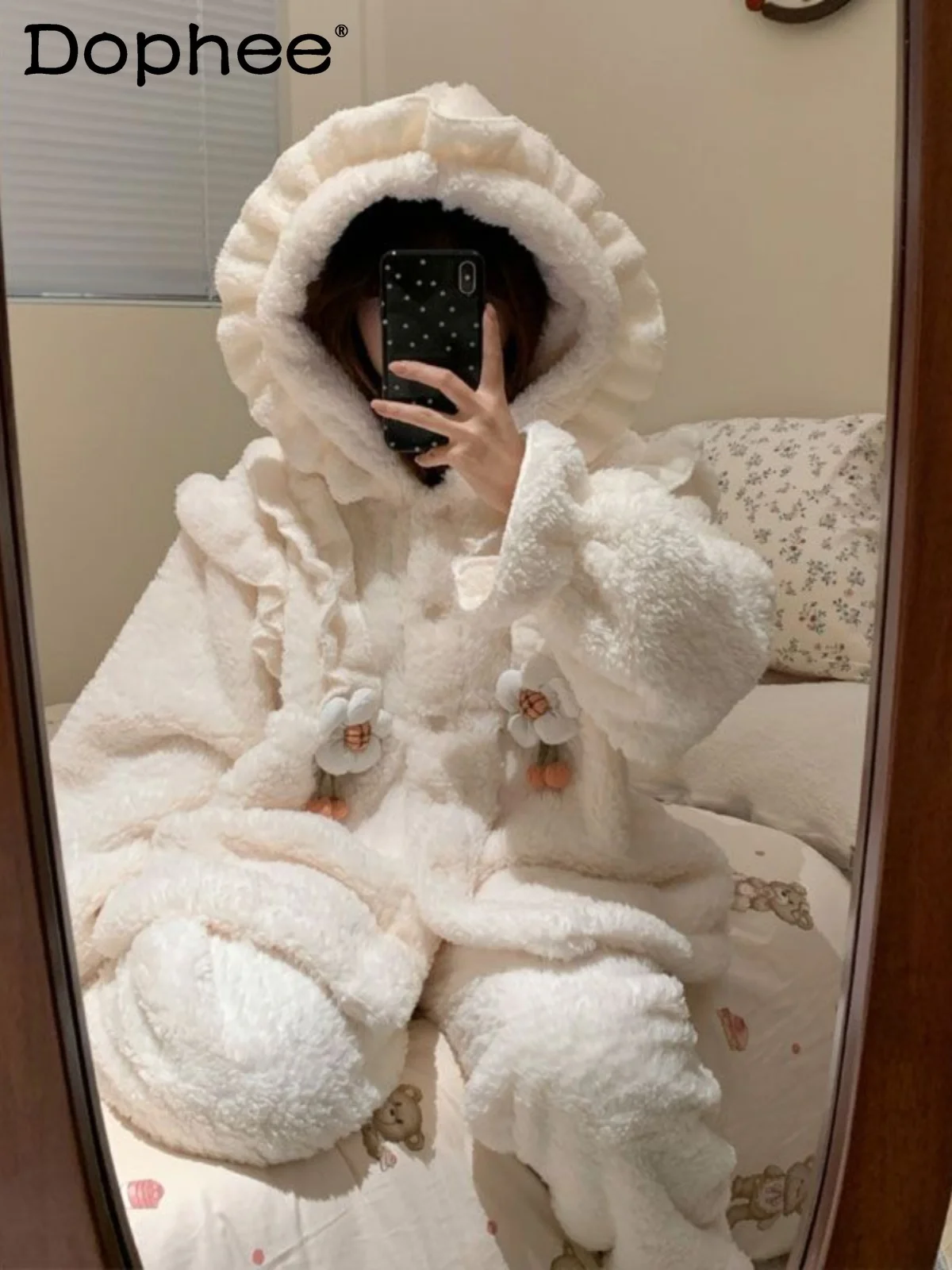 

Autumn and Winter Fleece-Lined Thickened Coral Fleece Pajamas for Women Cute Floral Loose Hooded Warm Wearable Homewear Set