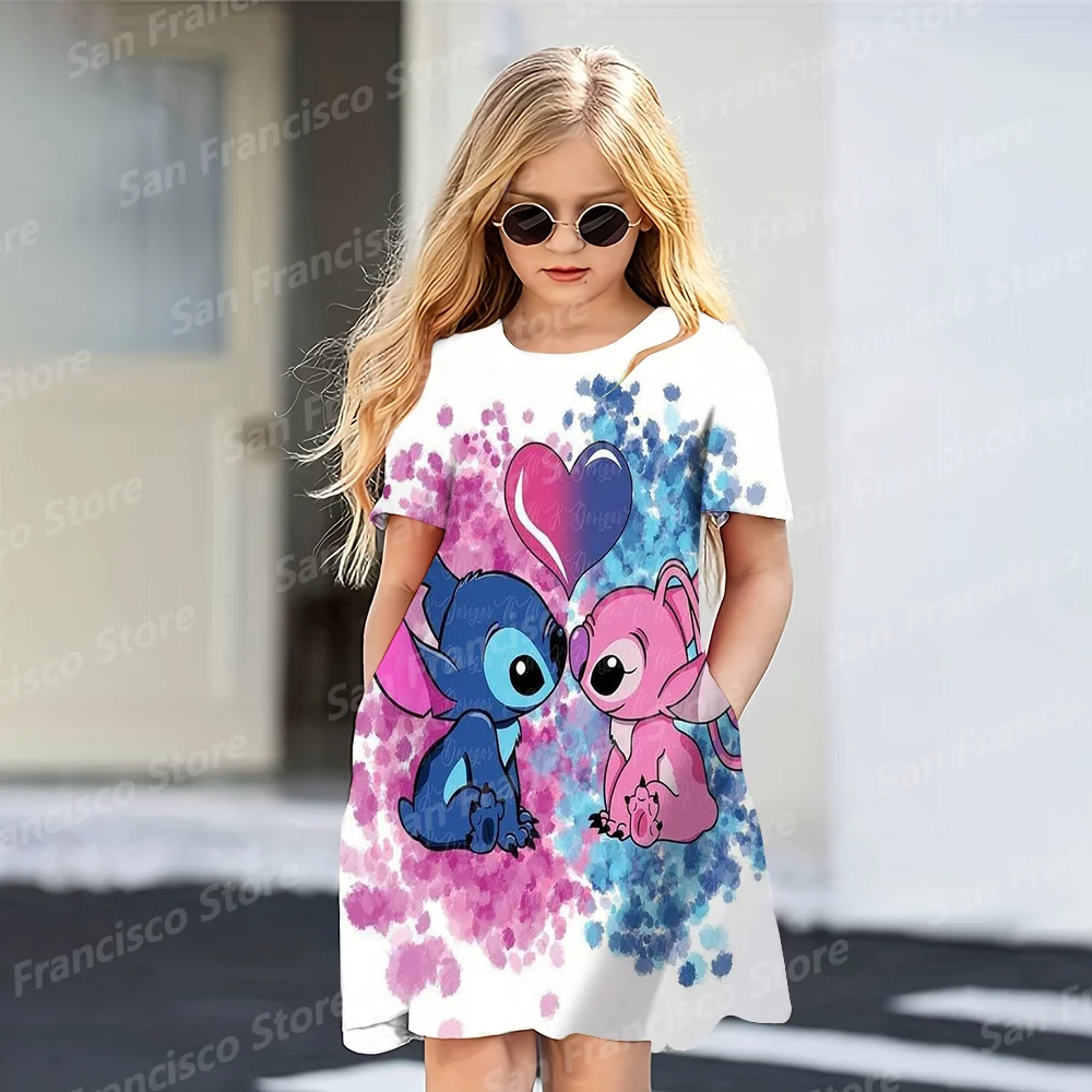 Summer Hot Sale Disney Blue Pink Stitch Girl Birthday Party Casual Dress KID/Adult Parent-Child Dress 3D Printed Love Cartoon