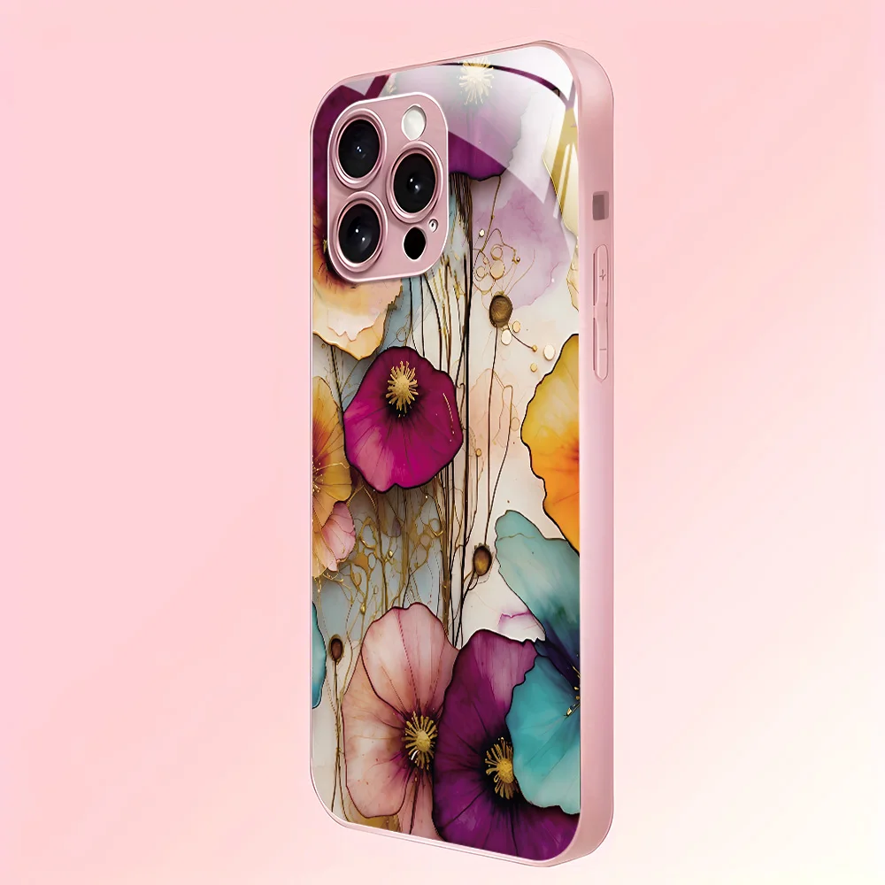 Tempered Glass Phone Case for Samsung Galaxy A35 A54 A55 5G A56 A53 A25 A13 A15 S25 Ultra S25 S23 S22 Plus Covers Pink Flowers