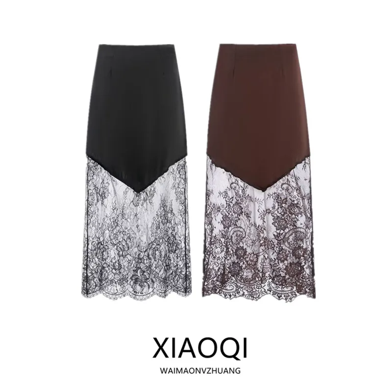 High Waist Lace Patchwork Long Skirt Autumn Winter New Style Women's Fashion City Commute Casual High Waist Straight Cut Skirt