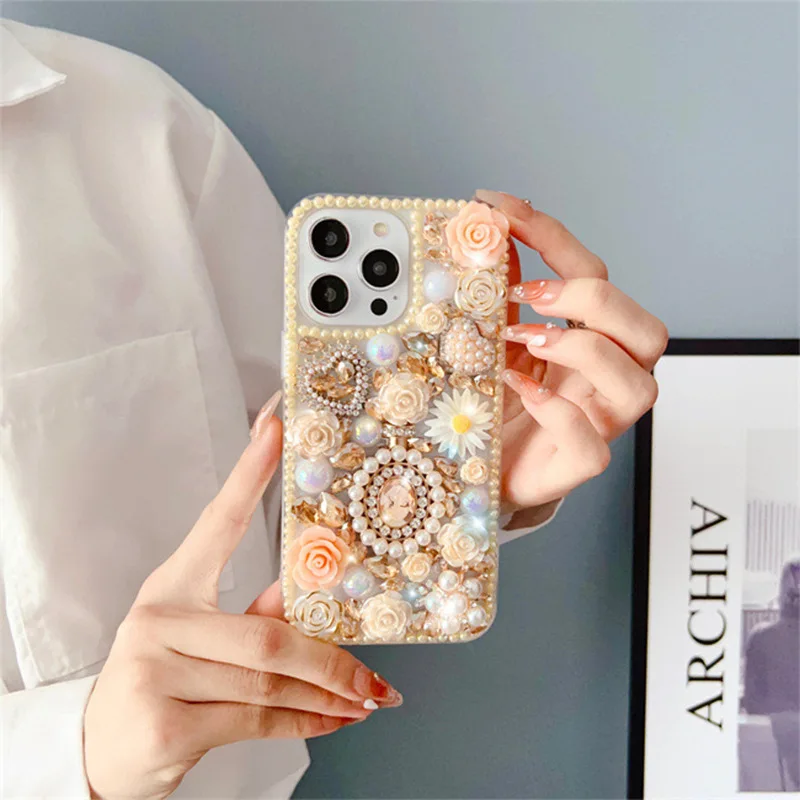 

New Luxury style suitable for iPhone 13 promax phone case 12 flowers 11 daisies 14 pearls 15 plus rhinestones X anti drop 7 8 SE