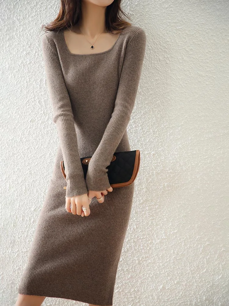 100% Pure Wool Knitted Dress Women U-Neck Slim-fit Mid-Length Skirt Casual High-Waist Pack Hip Pullover Sweater New Autumn Dress