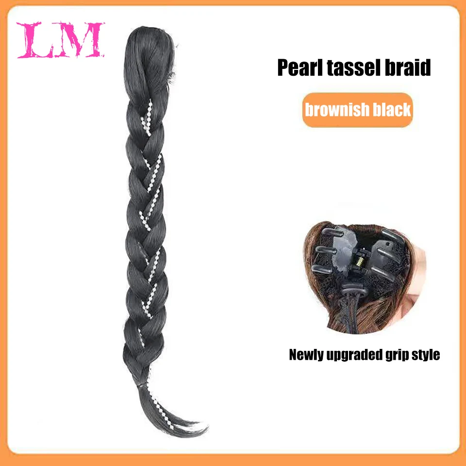 Lm extensões de rabo de cavalo trançado sintético marrom preto loiro rabo de cavalo com laço de cabelo para mulheres extensões de cabelo falso