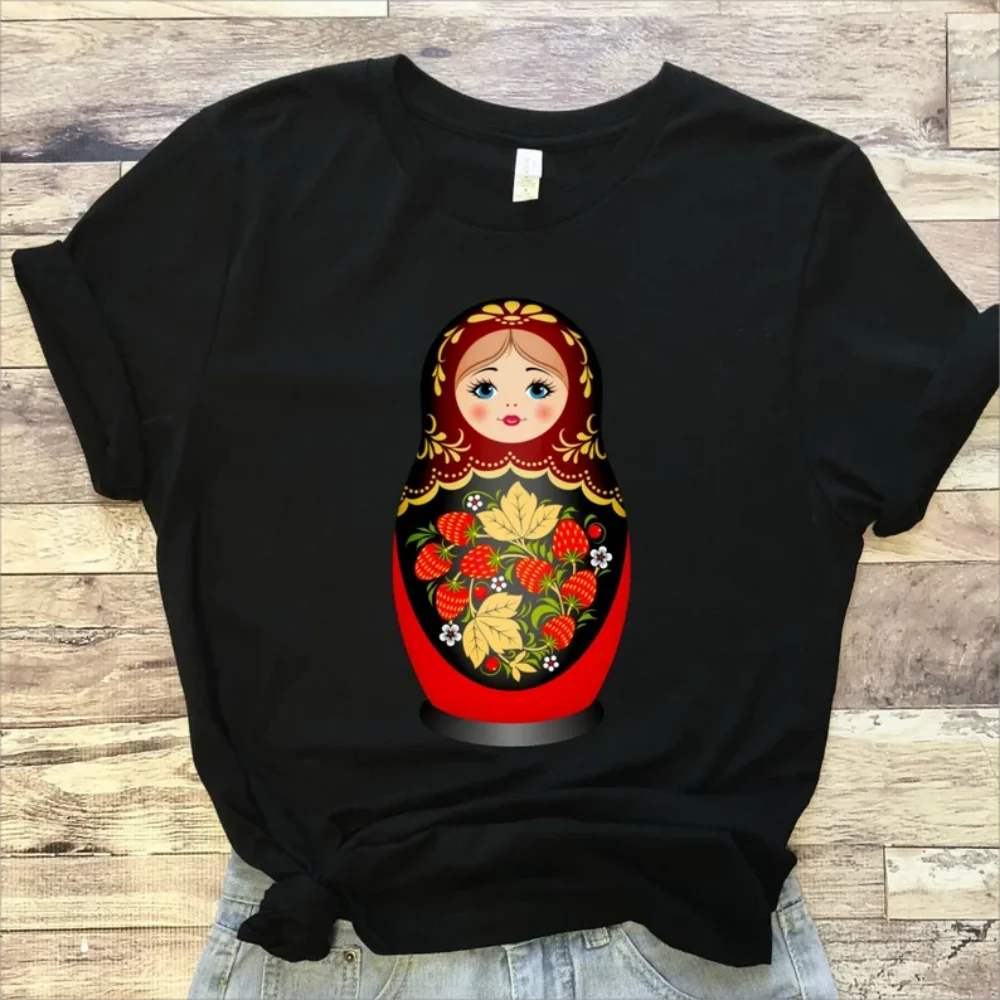 

Beautiful Matryoshka Russian Tee Lovely Nesting Doll Short Sleeve Cute Porcelain Babushka Matryoshka Slavic Folk Art Black Shirt