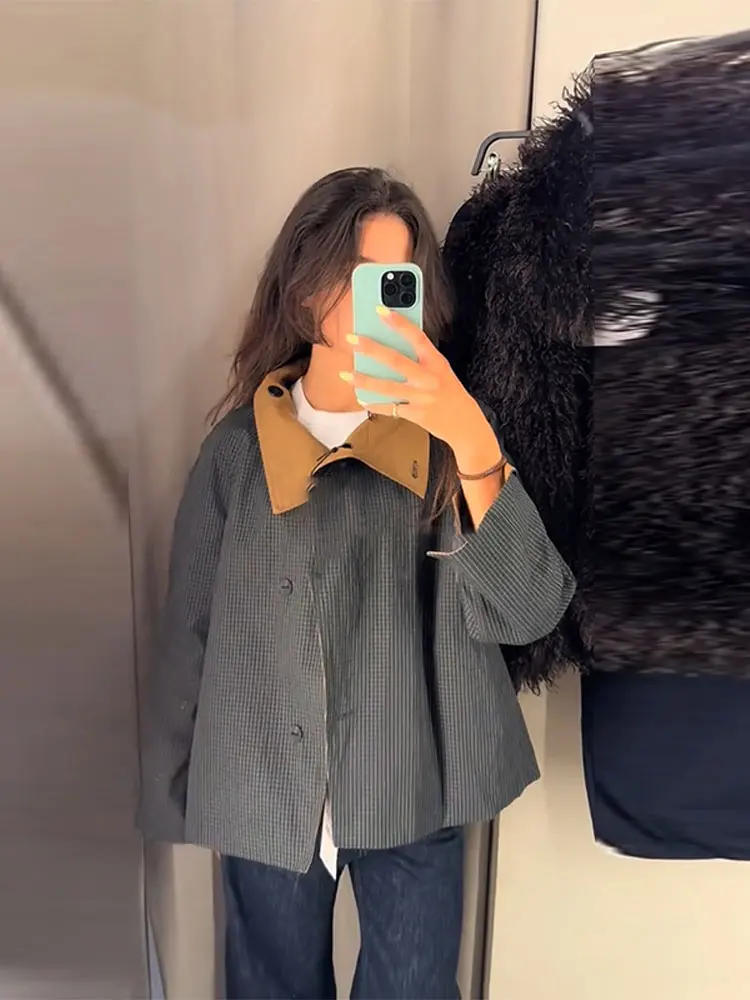 Short Double-Sided Trench Coat Woman Plaid Single Breasted Lapel Long Sleeves Loose Coats Street Casual Women's New Chic Jackets 2