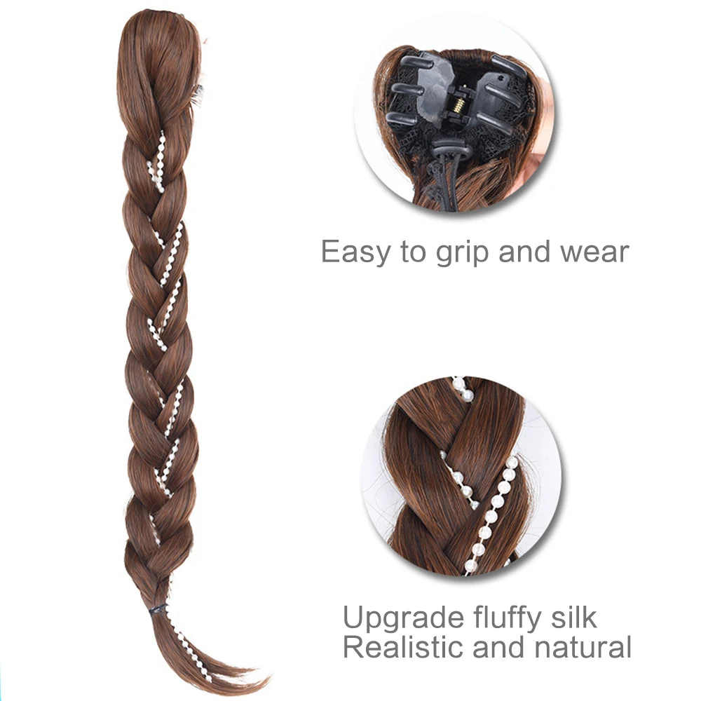Pearl Tassel Braided Ponytail Synthetic Hair Wig for Women Heat Resistant Fashion Hairpiece Easy Wear Daily Party Wedding Hair