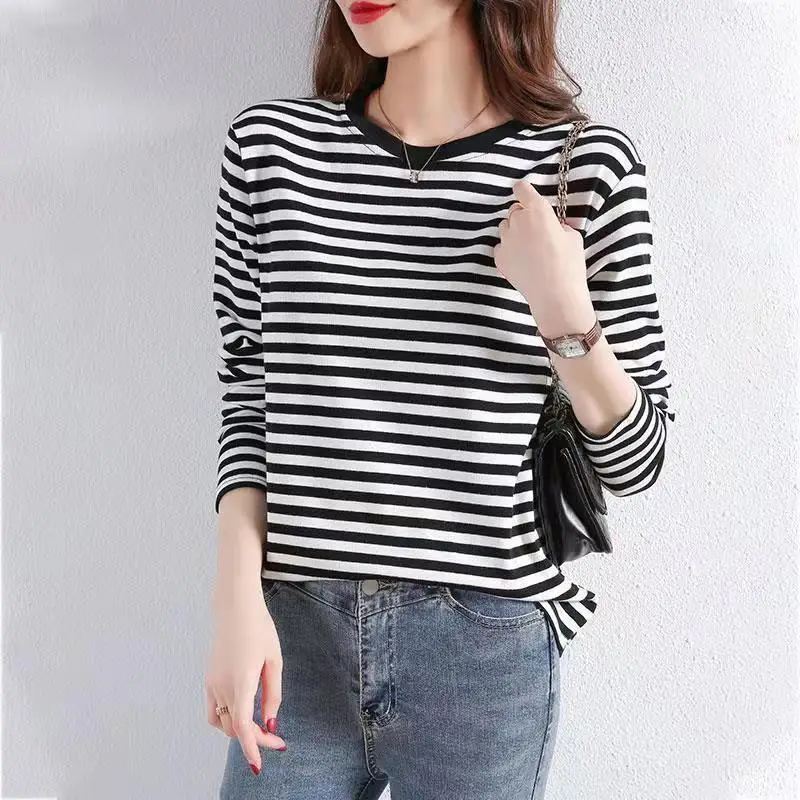 Women\'s Clothing Round Neck Long Sleeve Striped Pullover Contrast Color Geometric T-shirt Casual Fashion Spring Autumn Tops