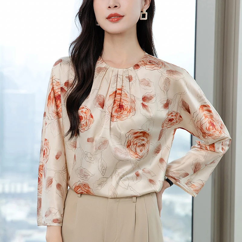 

Spring Autumn Women's Real Silk Satin Blouse Long Sleeve Elegant Shirts Blouses for Women Loose Tops Woman Floral Print Shirt