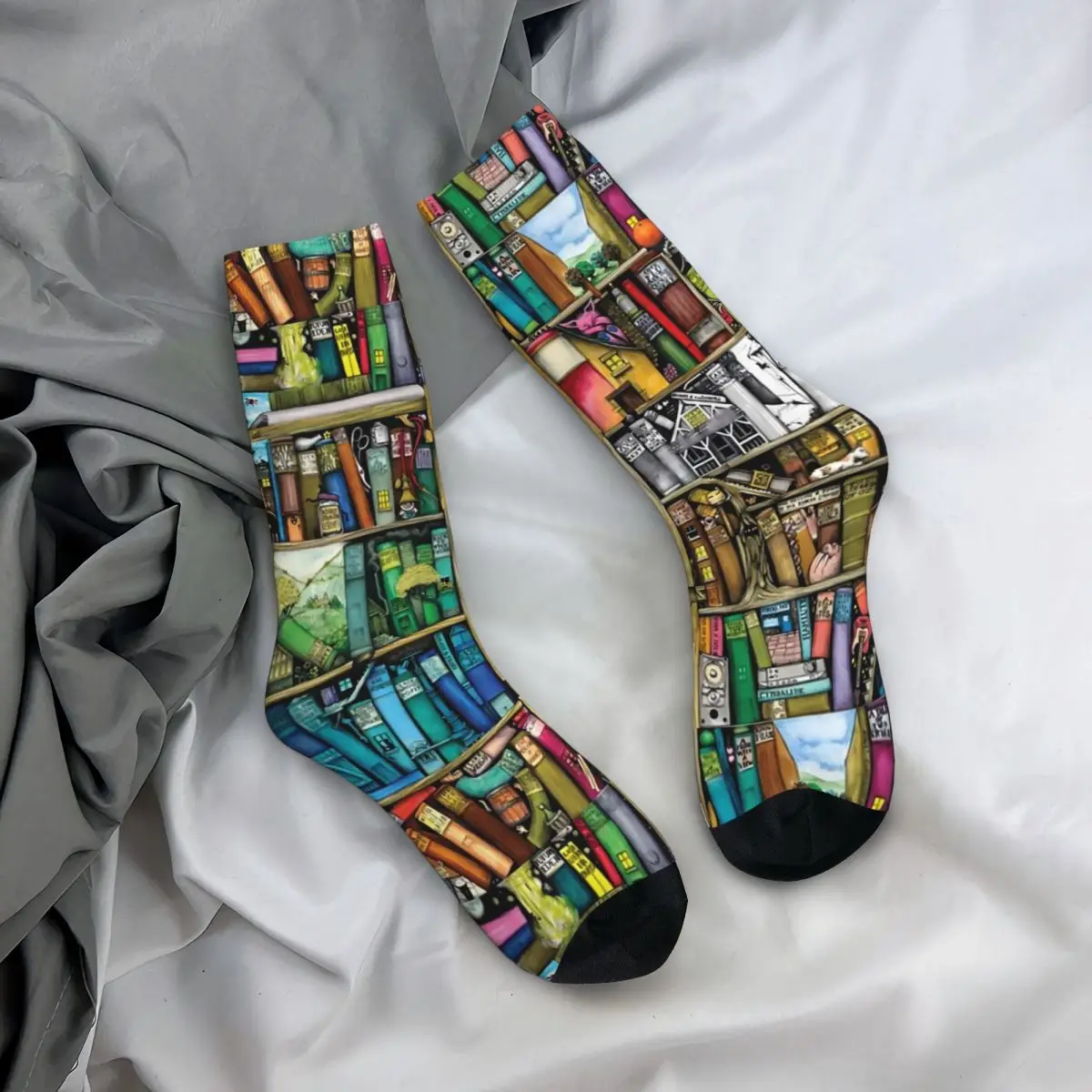 Fantastic Library Stockings Colorful Book Print Elegant Socks Autumn Anti-Slip Socks Unisex Running Soft Breathable Socks