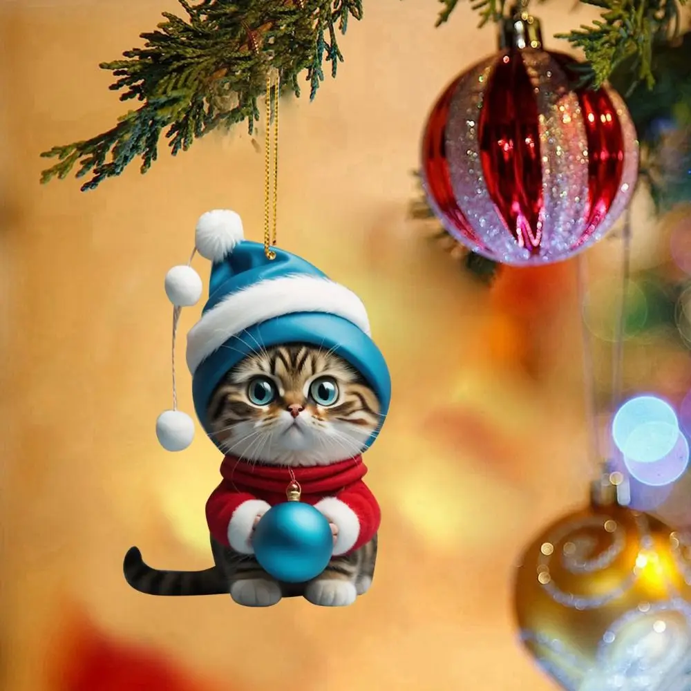 2D Christmas Cat Ornaments Decorative Acrylic Christmas Tree Hanging Pendant Hanging 8cm Cat Hanging Decoration Xmas