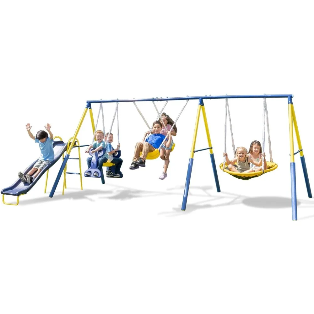 Super Star Outdoor Kids Metal Swing Set: 2 Swings, 1 Flying Saucer, 1 Glider, 1 Wavy Slide - Exceeds ASTM Standards