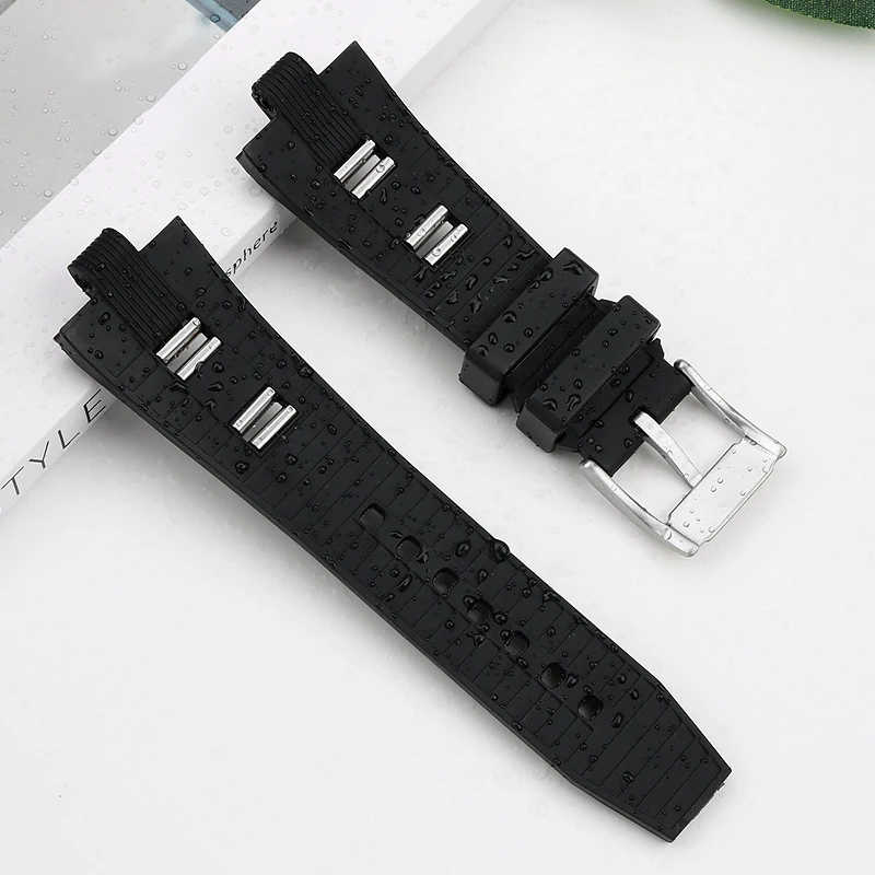 For Men Women Soft Diagono Rubber Strap 22*7mm 22x8mm 26X9mm Watchbands Fold Black Convex Silicone Watch Strap Bracelet