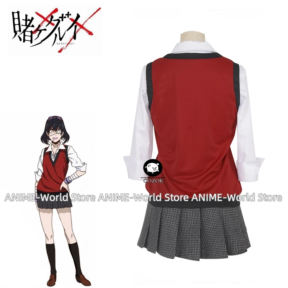 Anime Kakegurui Midari Ikishima Cosplay Wigs Costumes School Girls Uniforms Vest Dress With Eye Mask&Socks