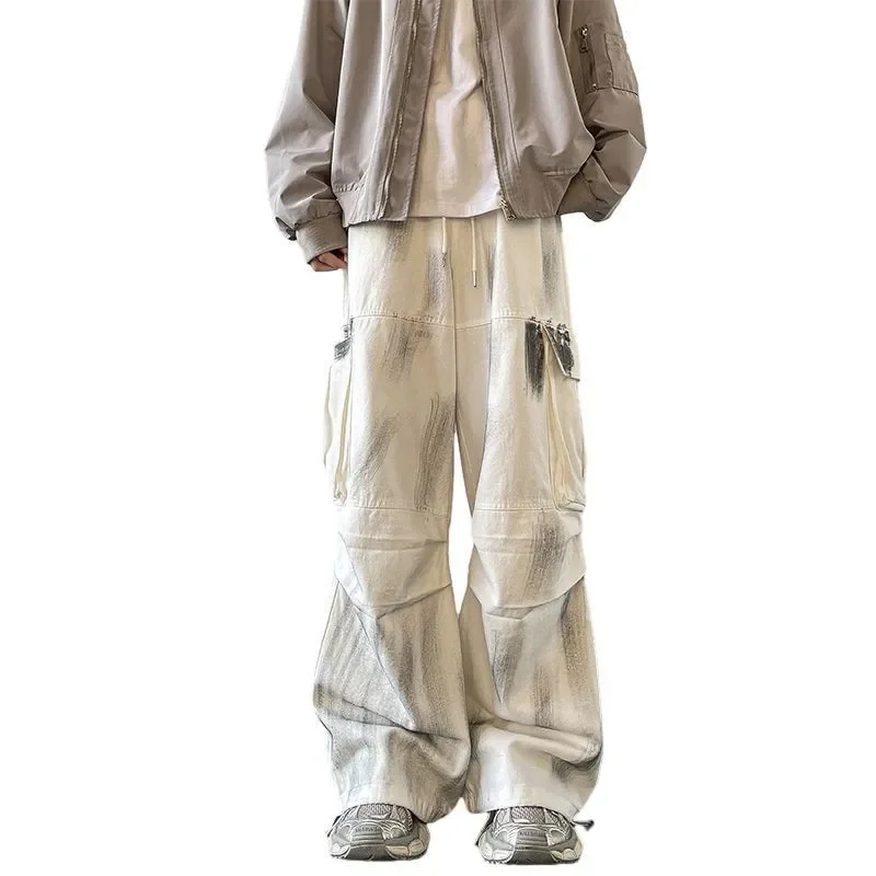 Fashionable Washed Graffiti Tie-dye Jeans for Men Autumn American Street Loose Straight Pants with Wide Legs
